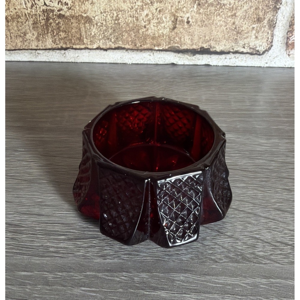 Vtg Avon Mosser Glass Ruby Red Open Salt Cellar Dip Hatched Panel/ Candle Holder